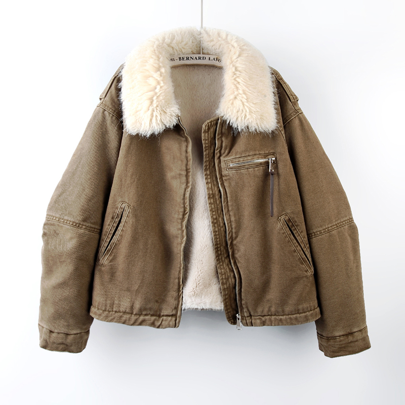 2025冬季新款毛领加绒加厚牛仔外套女宽松保暖小个子机车夹克上衣