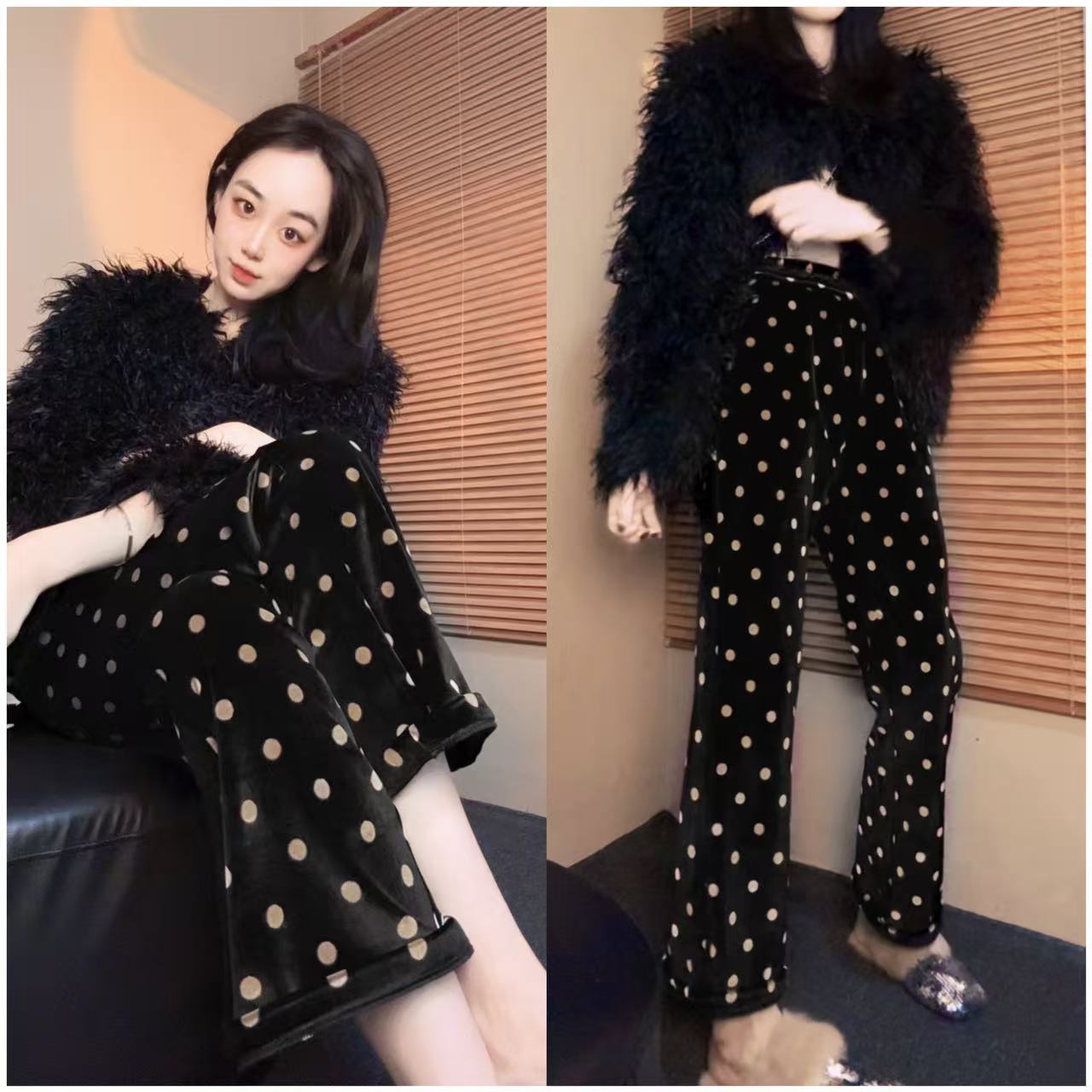 【鑫鑫】2025韩国轻奢高定加绒版金丝绒波点高腰烟管微喇裤阔腿裤