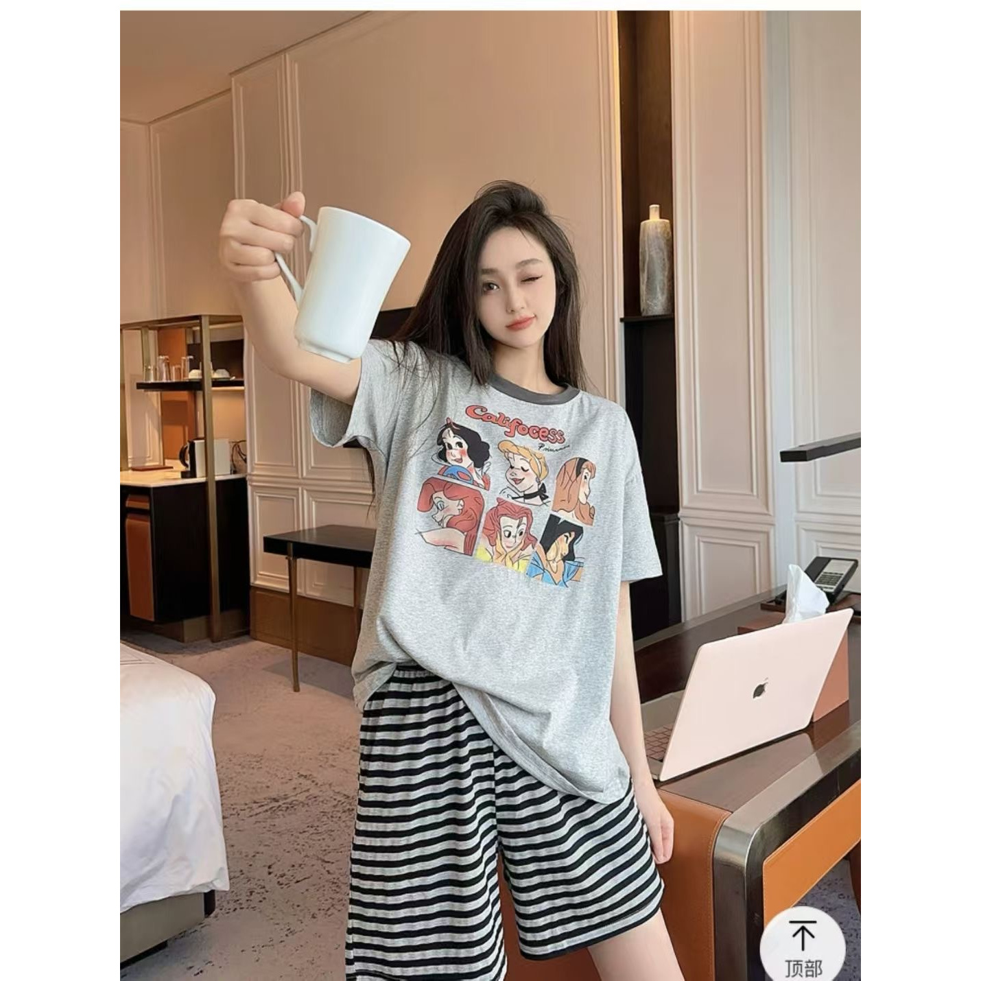 少女款六个公主带胸垫短袖短裤套装