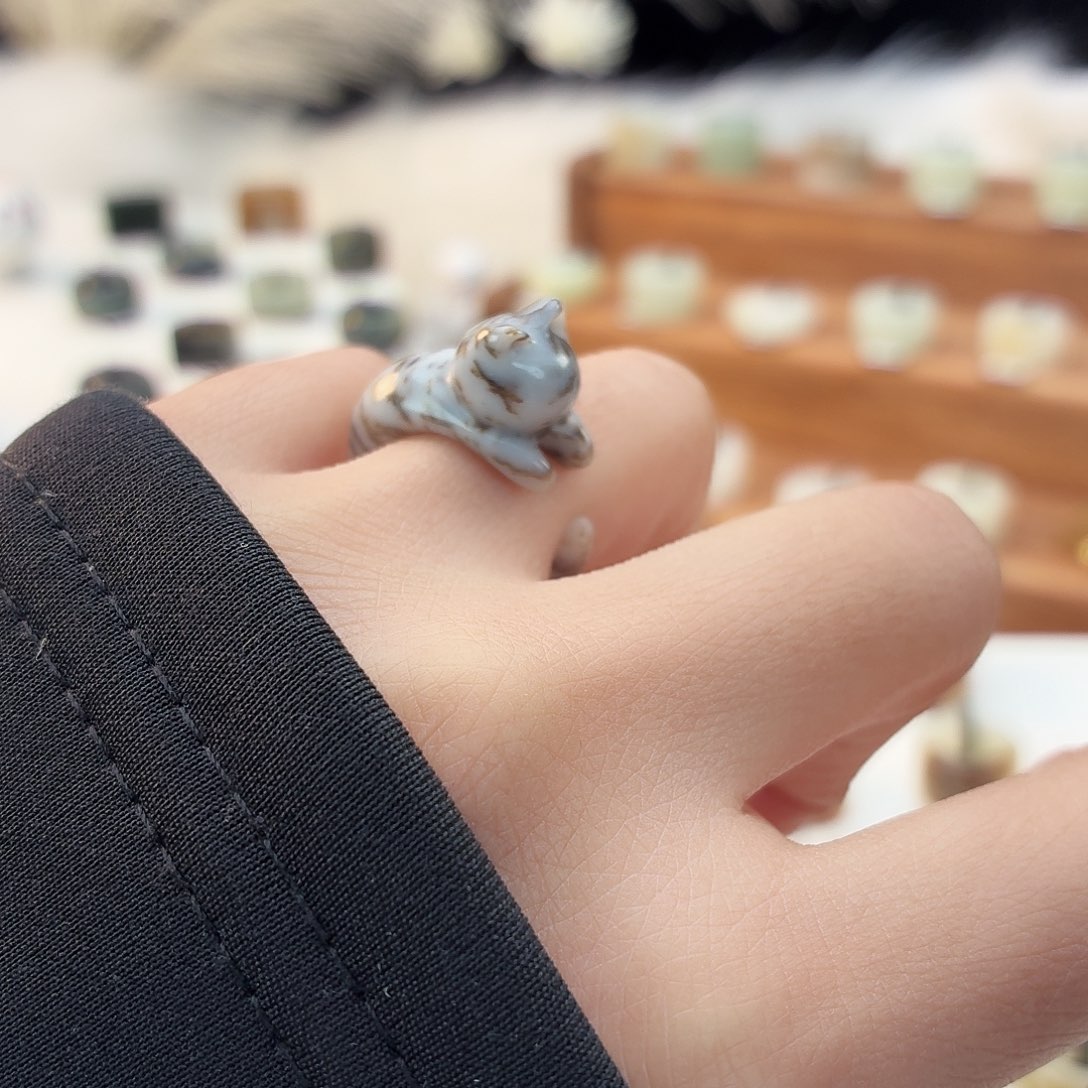 和田玉未镶嵌戒指i16豹纹趴趴猫15.2mm