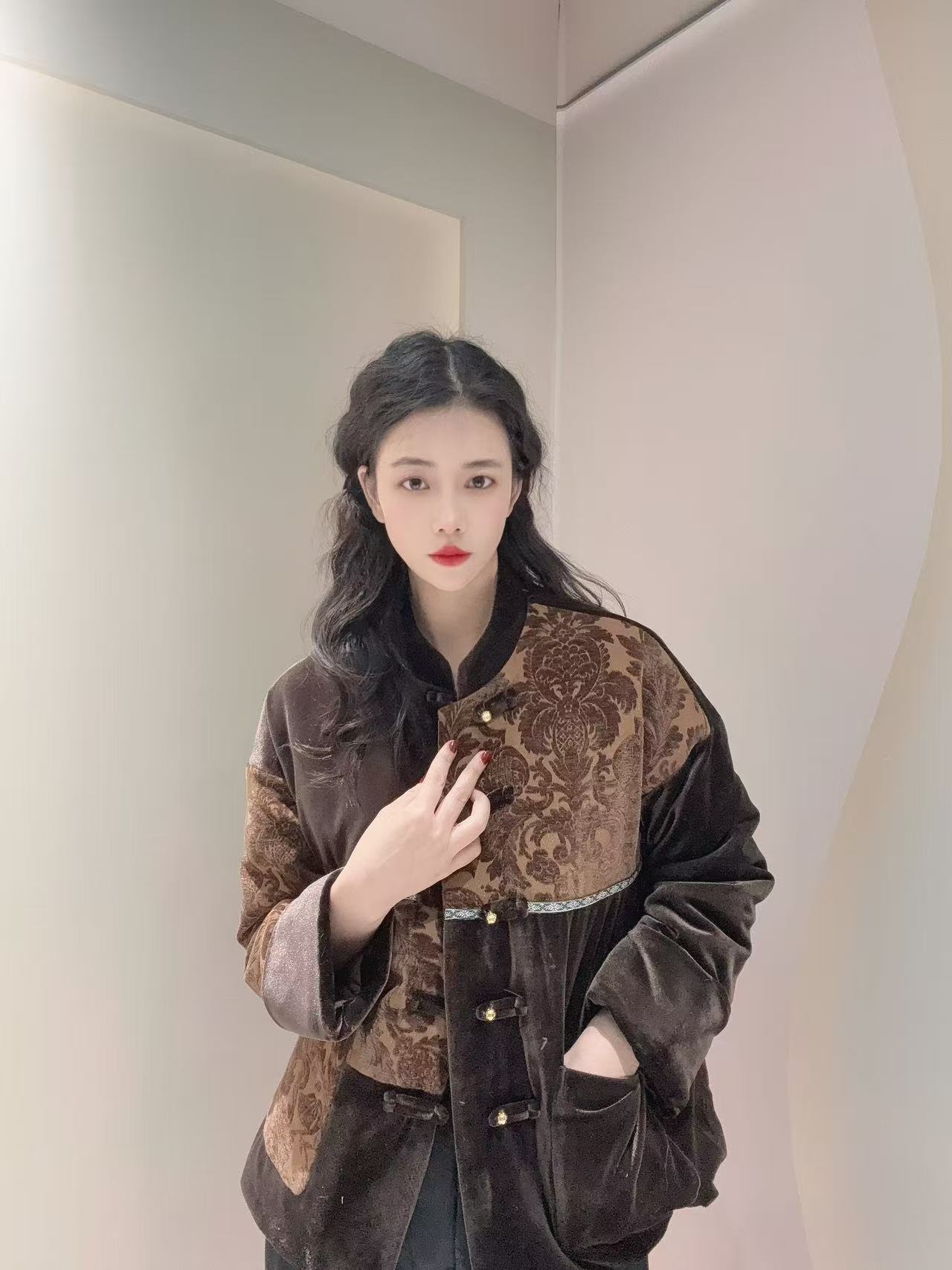 九月  拼色夹棉外套  新款新中式国风长袖夹棉加厚中国风外套