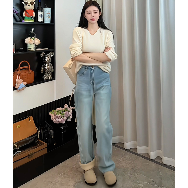 小个子秋冬百搭加绒弹力女冬季男友风高腰牛仔裤直筒女装气质复古