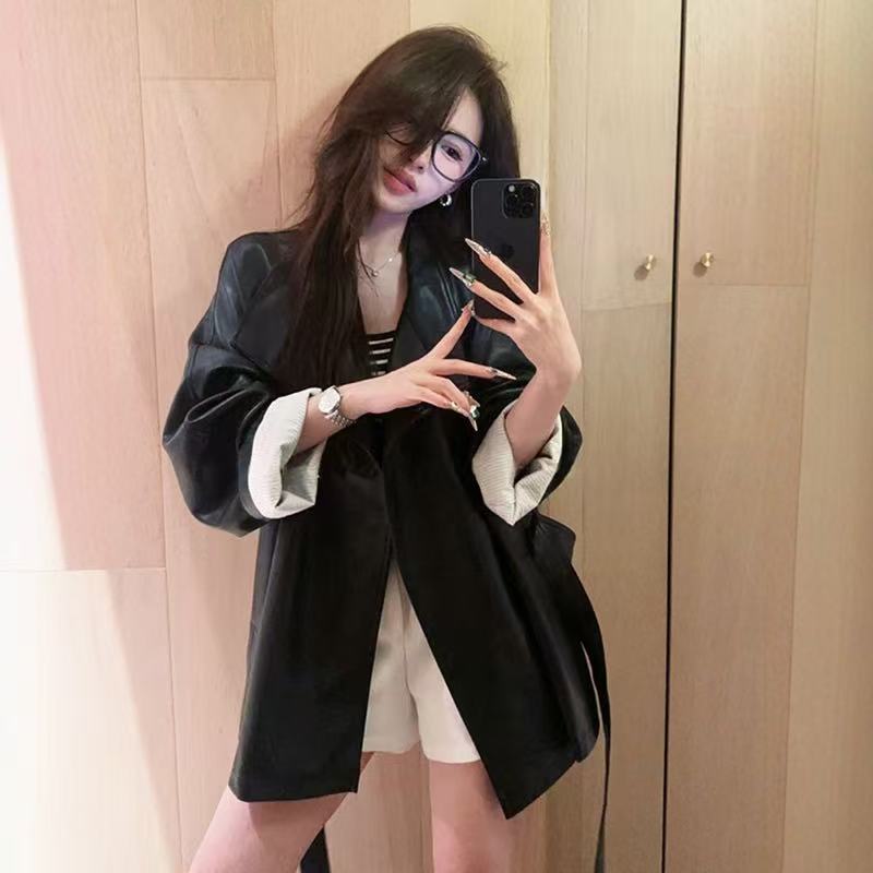 黑色皮衣女秋季新款时尚设计感小众中长款宽松系带收腰上衣外套潮