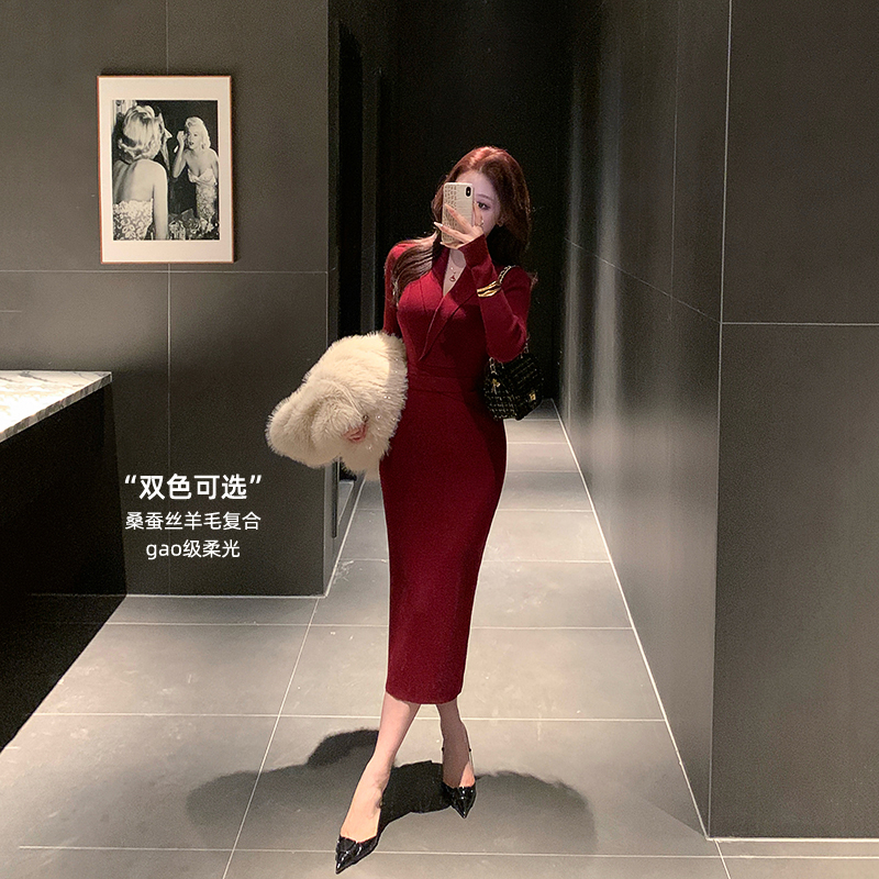 林关关【智简】高智轻熟优雅女秋冬两色可选翻领显瘦包臀连衣裙