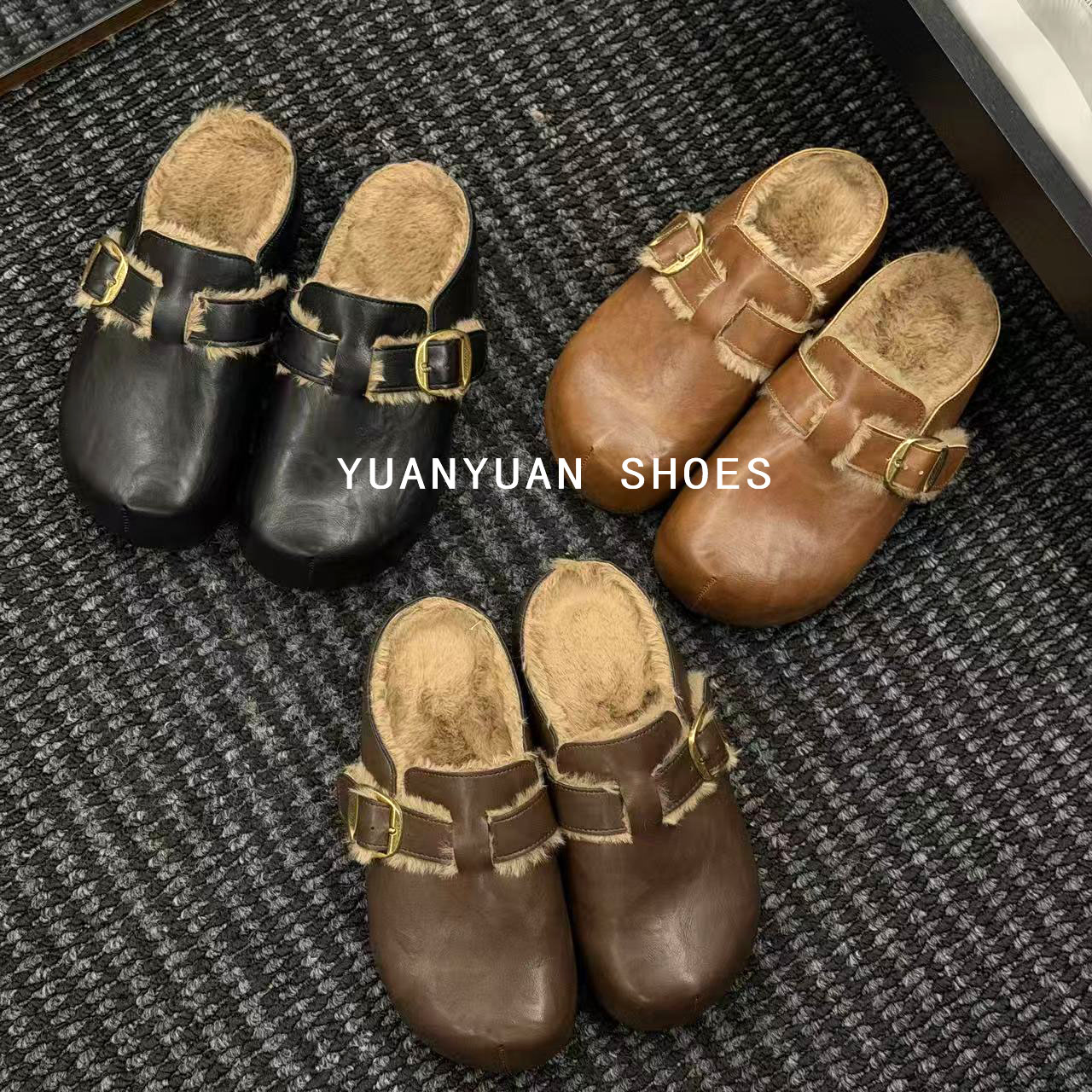 韩版女千金风极简风包头拖秋冬英伦风百搭时尚皮面卡皮巴拉勃肯鞋