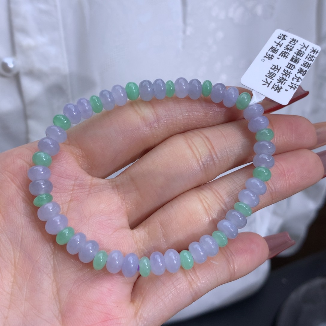 翡翠手链未镶嵌卡5-5.9冰胶鼓珠双彩手串