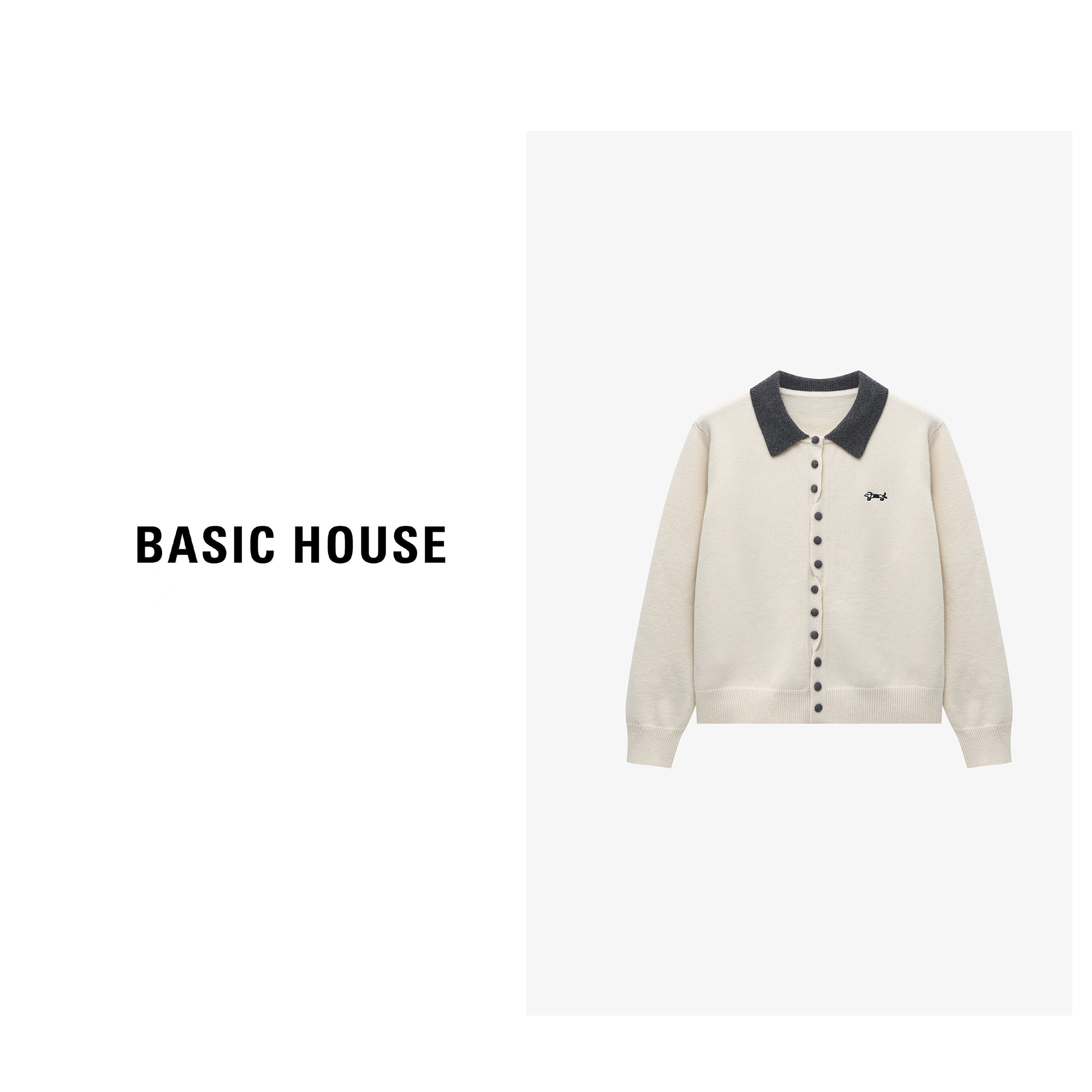 Basic House/百家好百搭老钱风女装翻领开衫显瘦毛衣-B0625B5LLR2