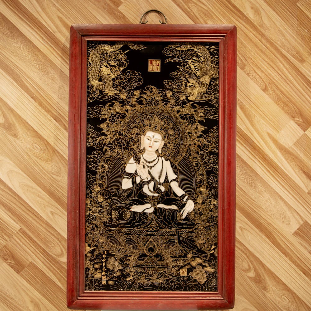 臣郎世宁恭绘红木彩绘掐丝度母菩萨瓷板画F4-021
