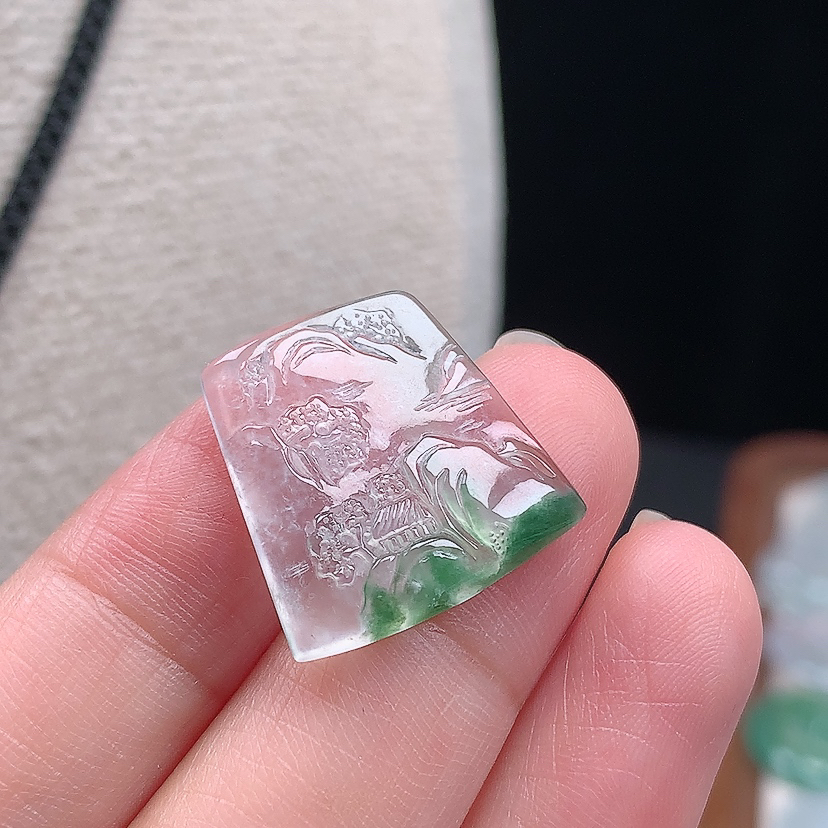 缅甸天然翡翠A货玉石高冰飘花山水牌吊坠饰品19.5*19.5*3.9mm