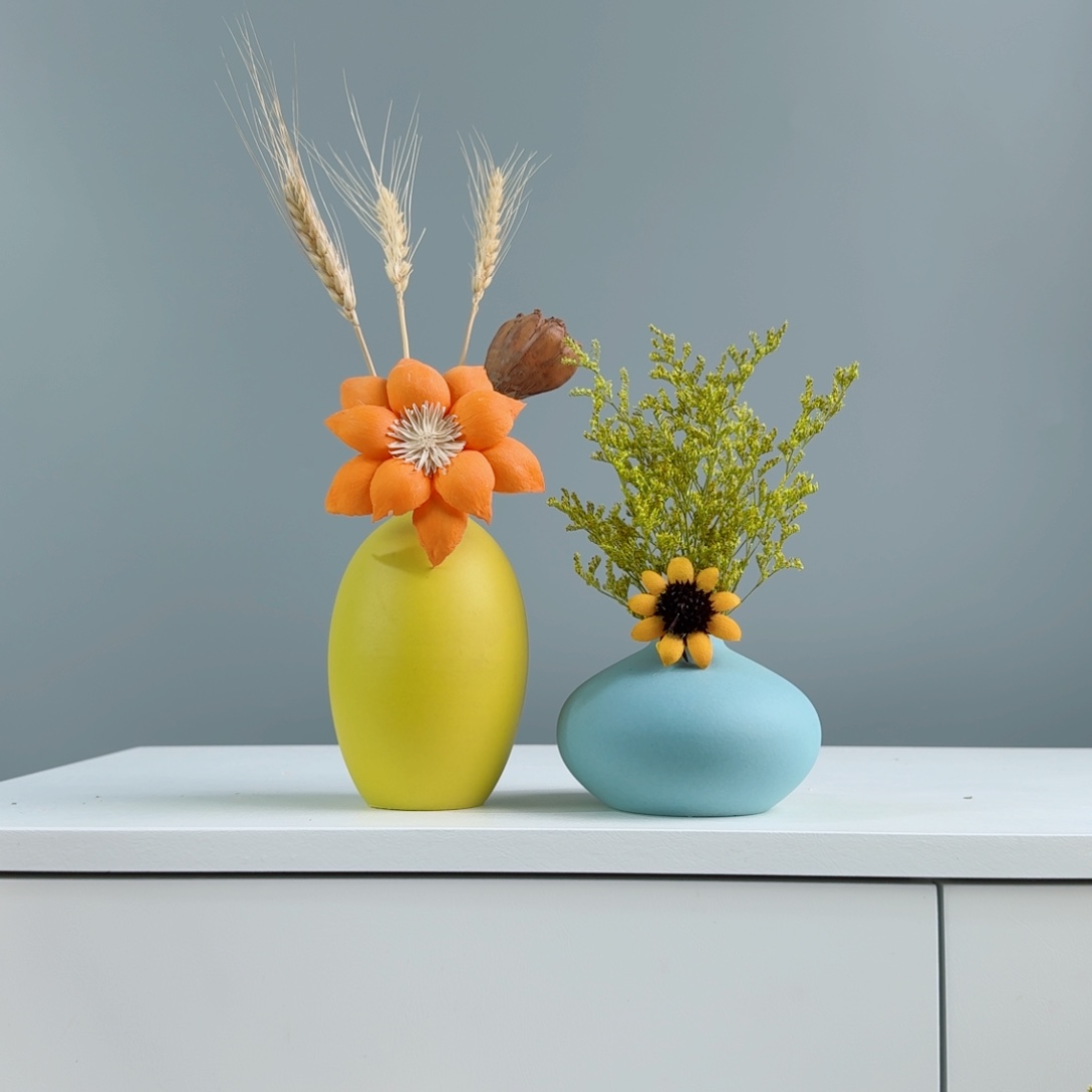 瓷片陶瓷小花瓶套装含花总高约20-30cm