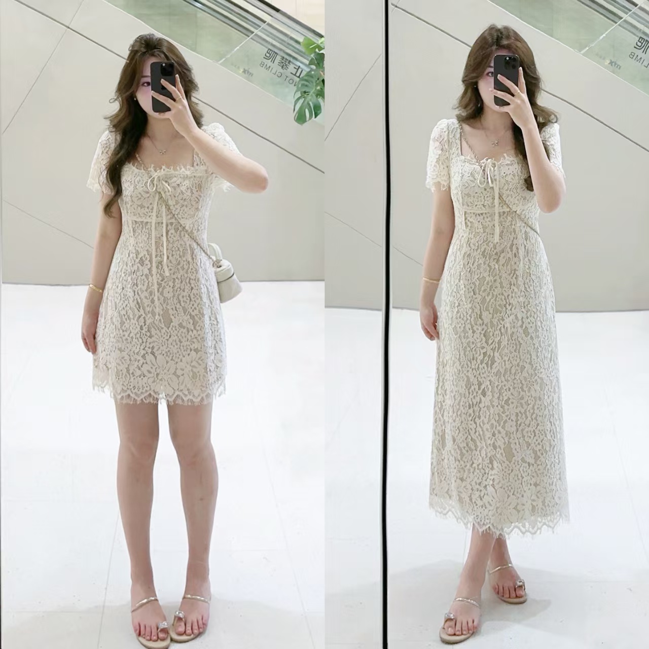 法式方领蕾丝小众长款白色修身连衣裙WP9777