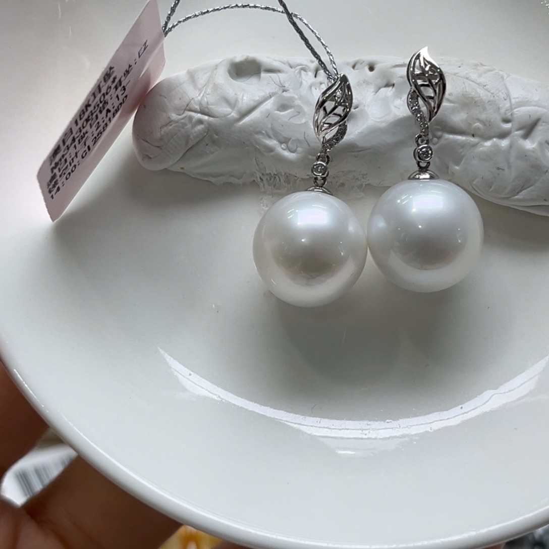 18K金镶嵌耳饰海水珍珠13-14mm