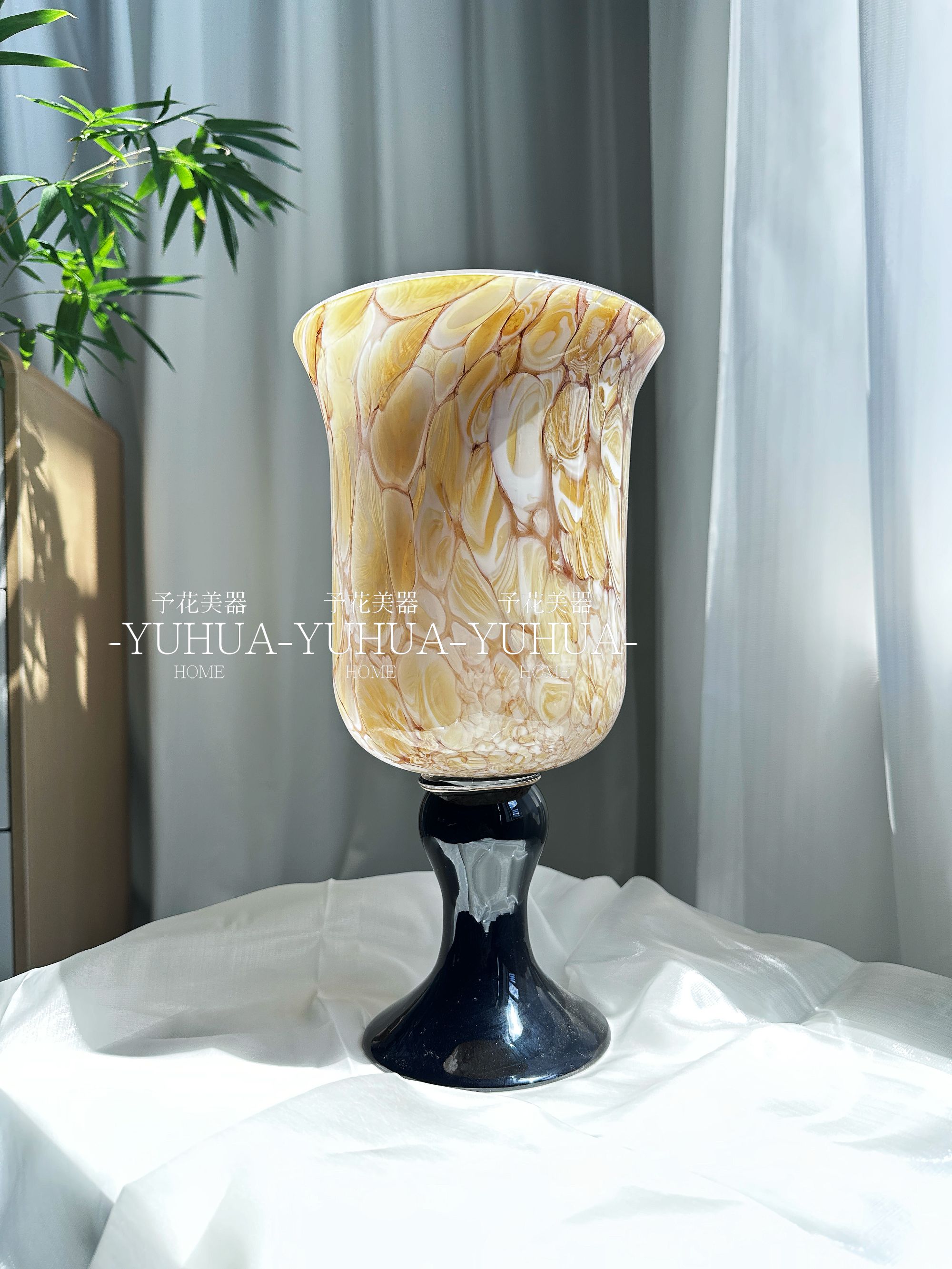 予花中式中古黄色宽口琉璃玻璃水高脚花瓶养花高级客厅琉璃装饰