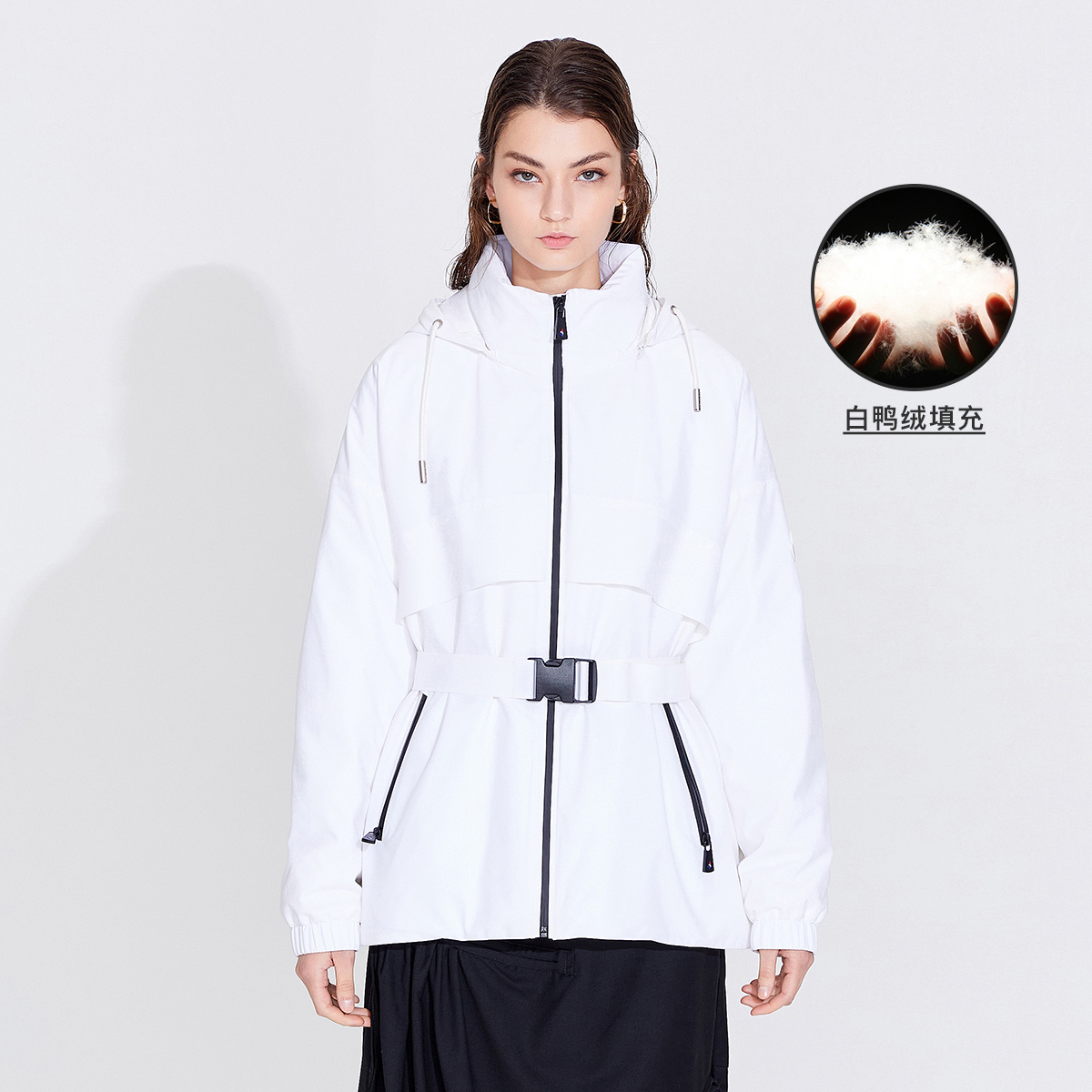 Navigare意大利小帆船女士白鸭绒时尚休闲羽绒服可拆卸帽子