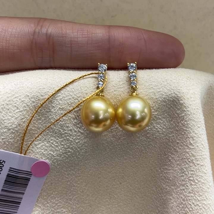 银S925镶嵌耳饰海水珍珠金珠10-11m 117号
