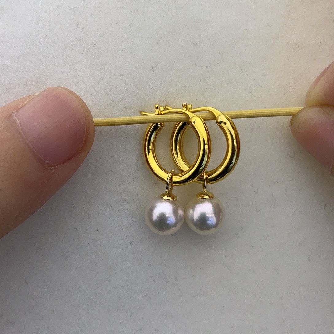 海水珍珠耳饰18K金镶嵌7.5-8许红豆