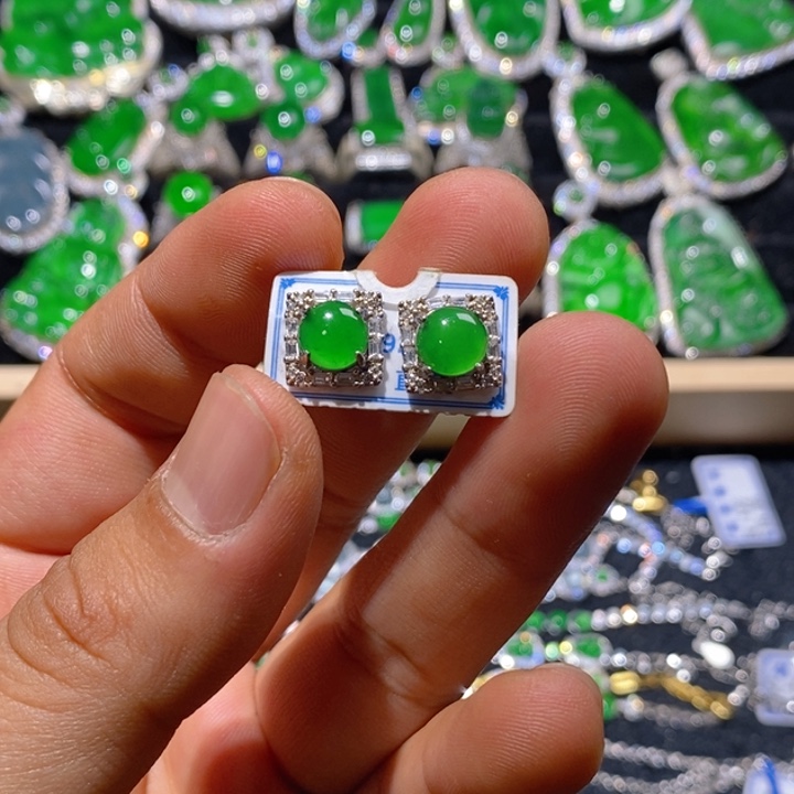 翡翠耳饰银S925镶嵌天然A货翡翠