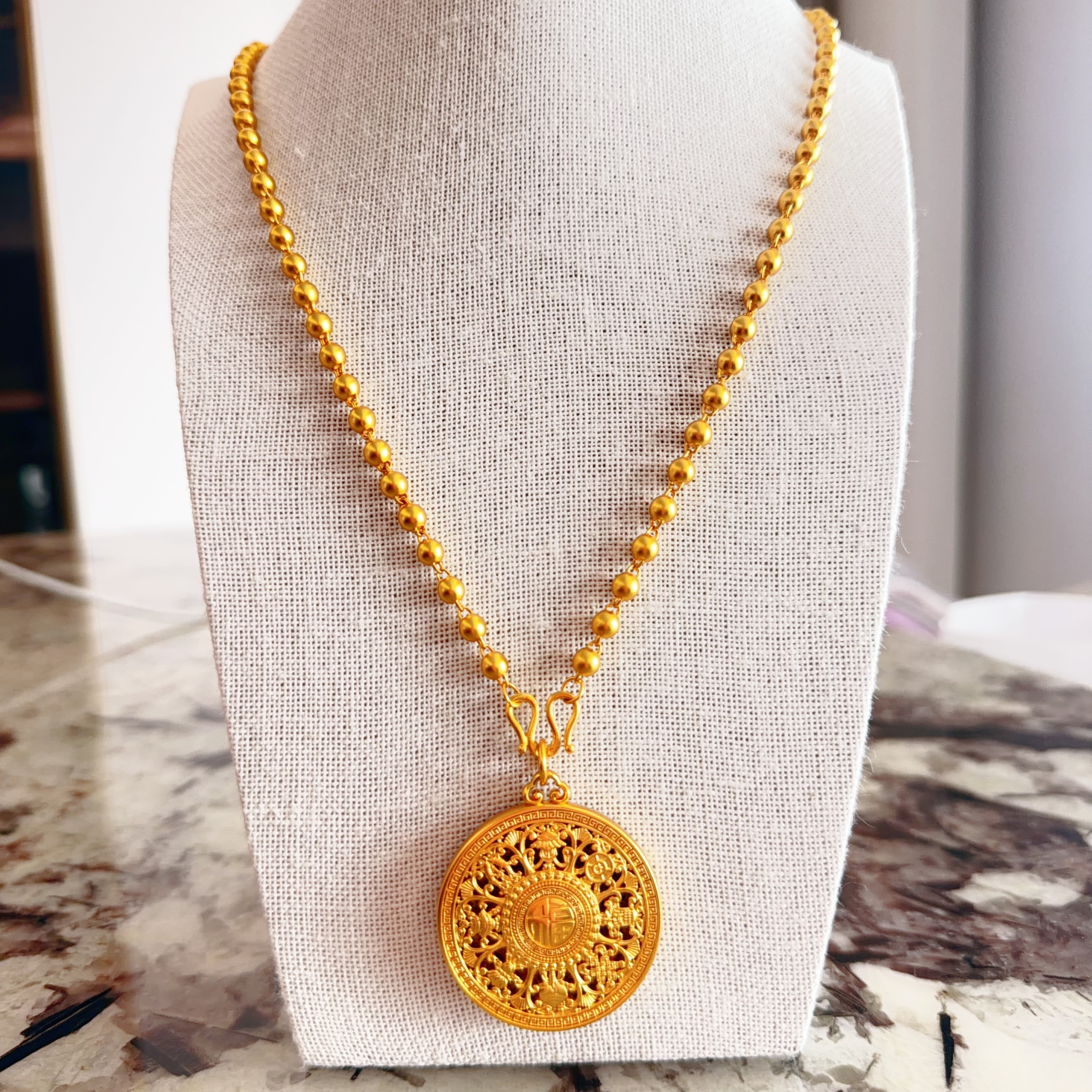 铜合金项链 哑光珠珠链配40罗盘