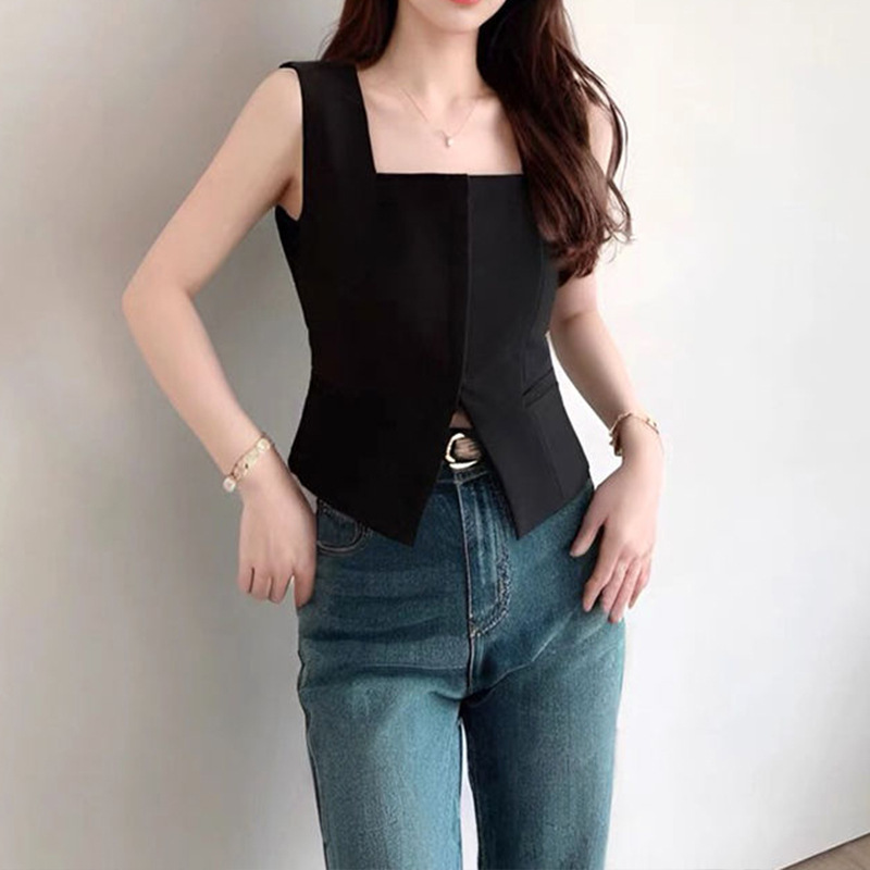 黑色无袖方领马甲女夏季新款潮流小众西装背心上衣短款显瘦气质
