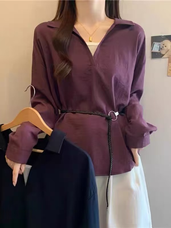【江油火狐狸】C95701高级感紫色V领正肩长袖衬衫女2025秋季大码