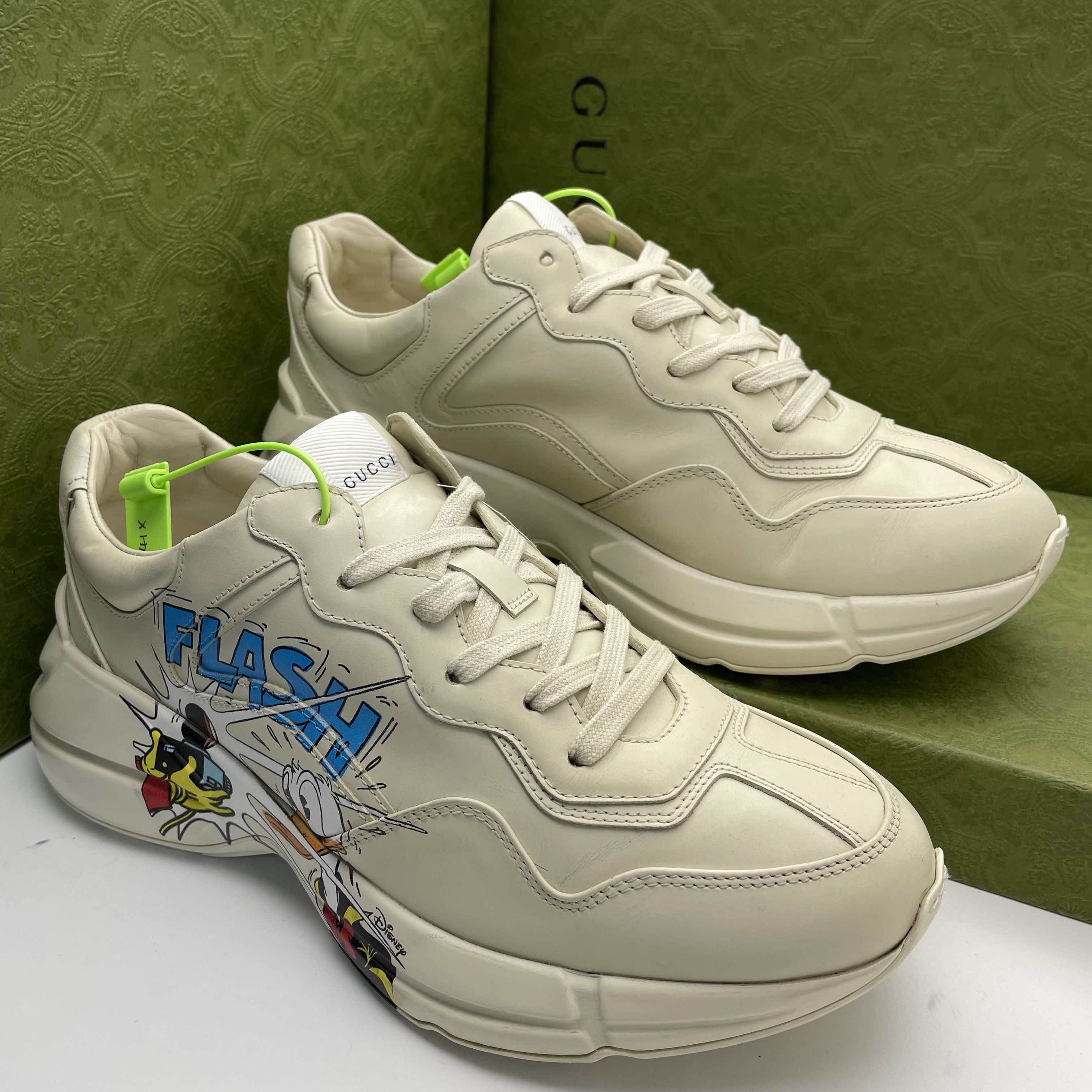 95新 GUCCI/古驰 41欧码/米色皮面唐老鸭休闲厚底老爹鞋