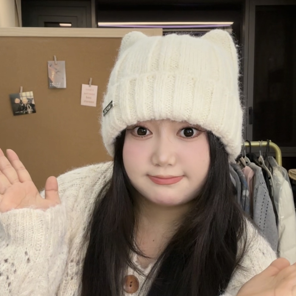 秋冬新款57-65cm大头围猫耳朵针织帽女可爱显脸小百搭保暖毛线帽