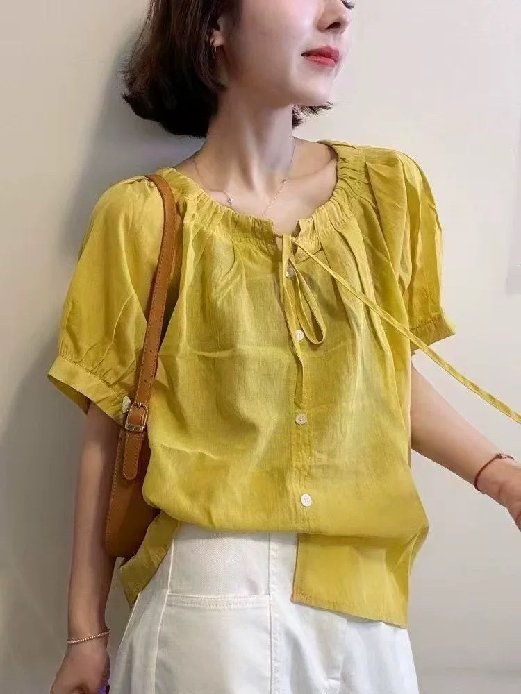 系带百搭法式甜美夏季显瘦衬衫气质洋气显瘦小衫衬衣圆领泡泡袖