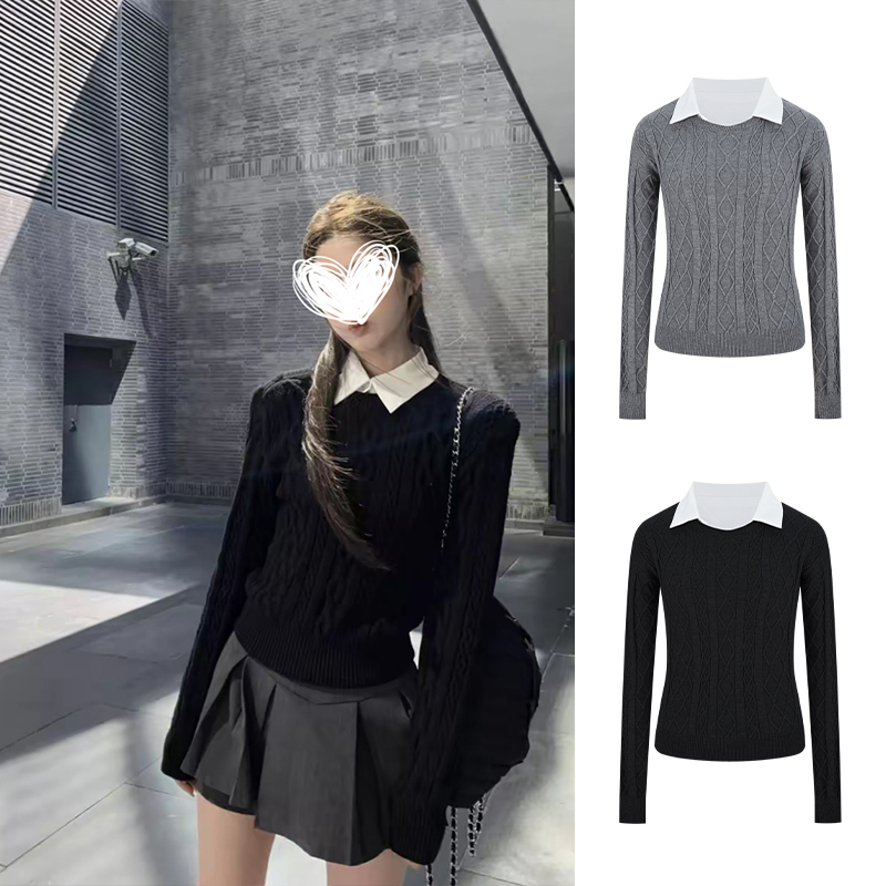 Moses Queen/魔西女王韩系假两件衬衫领毛衣慵懒高级感针织衫上衣