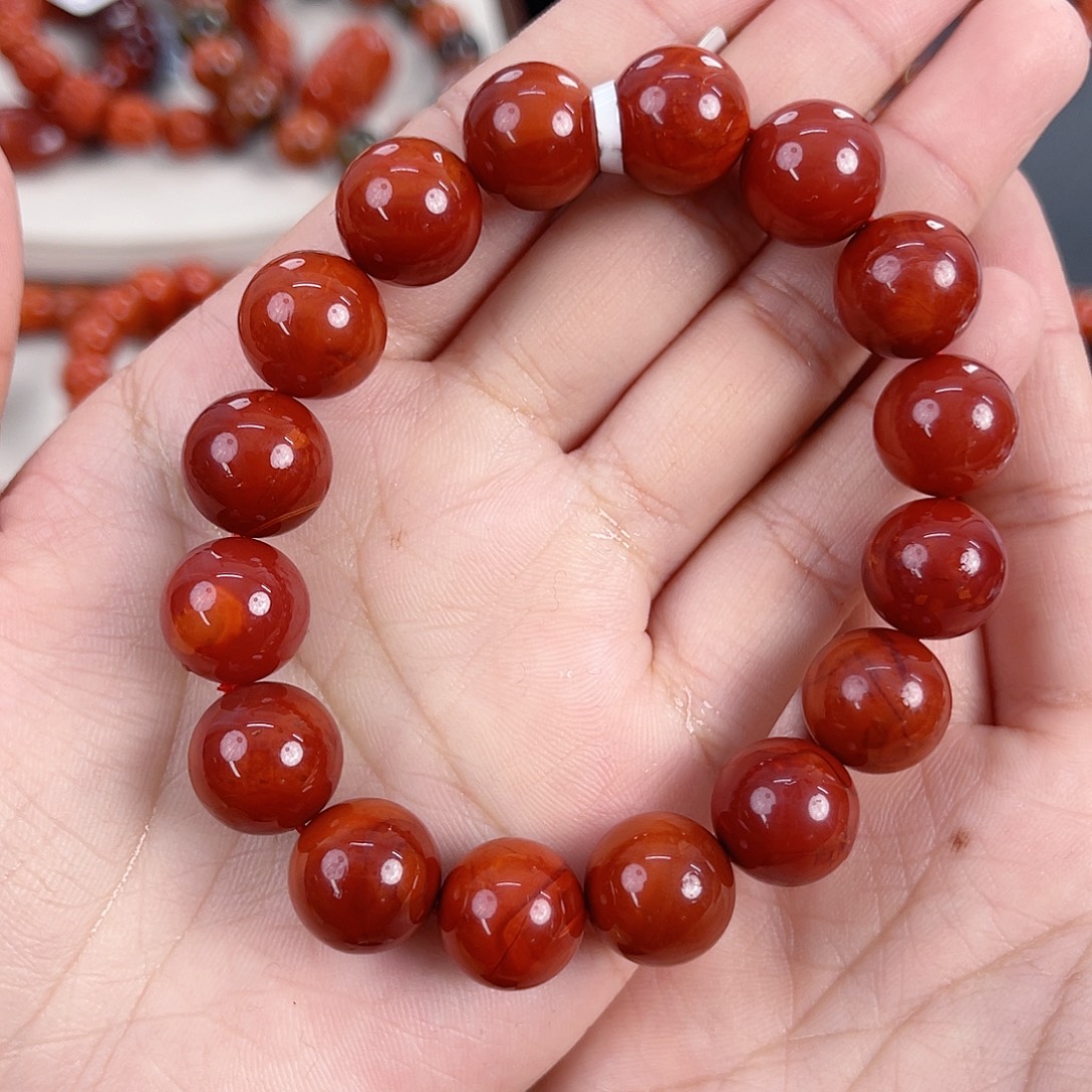 ~***~南红玛瑙未镶嵌瓦西高货牛血锦红圆珠单圈13mm