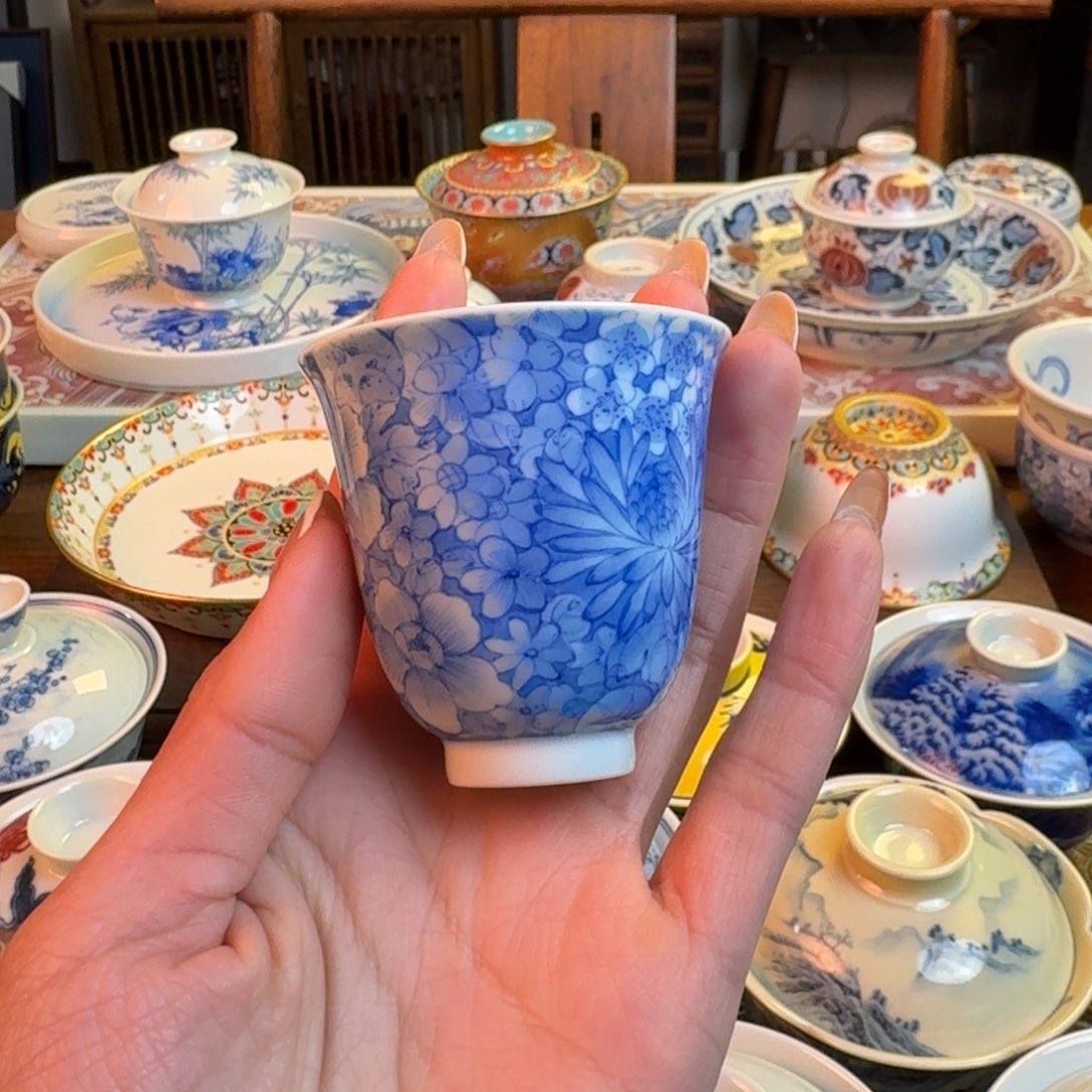 杯重工青花万花闻香杯纯手绘