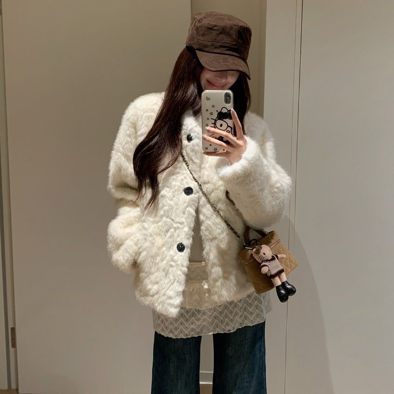 2025年新品气质韩版环保小湖羊皮毛一体毛毛外套女短款