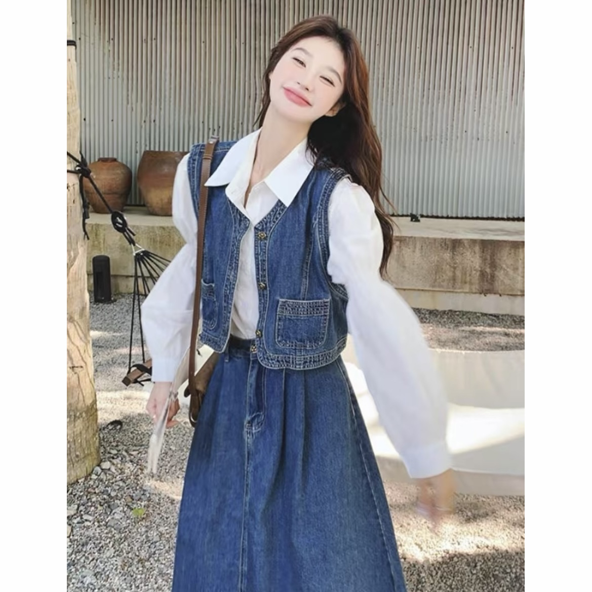 2025早春复古牛仔马甲半身裙套装韩版设计感休闲时尚三件套