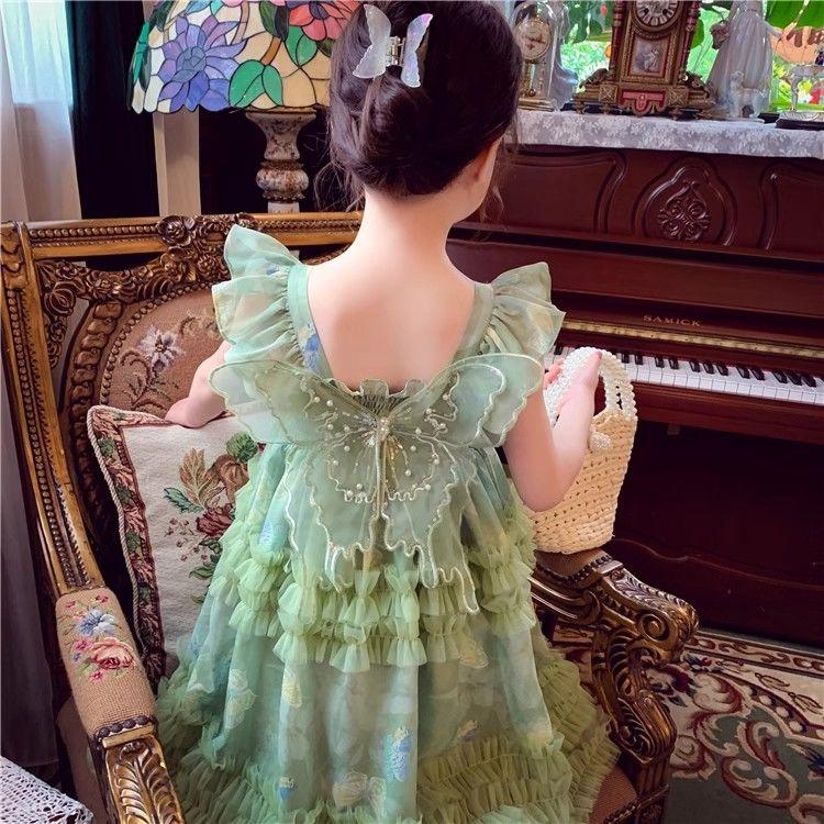 2025夏季女童连衣裙流行儿童网眼蝴蝶结吊带连衣裙女童网眼绒