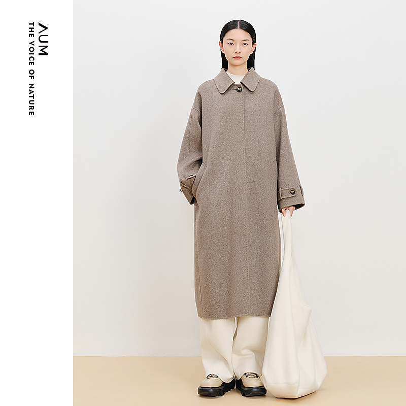 AUM噢姆秋冬气质时尚宽松毛呢燕麦色中长款大衣外套M1EG4342D