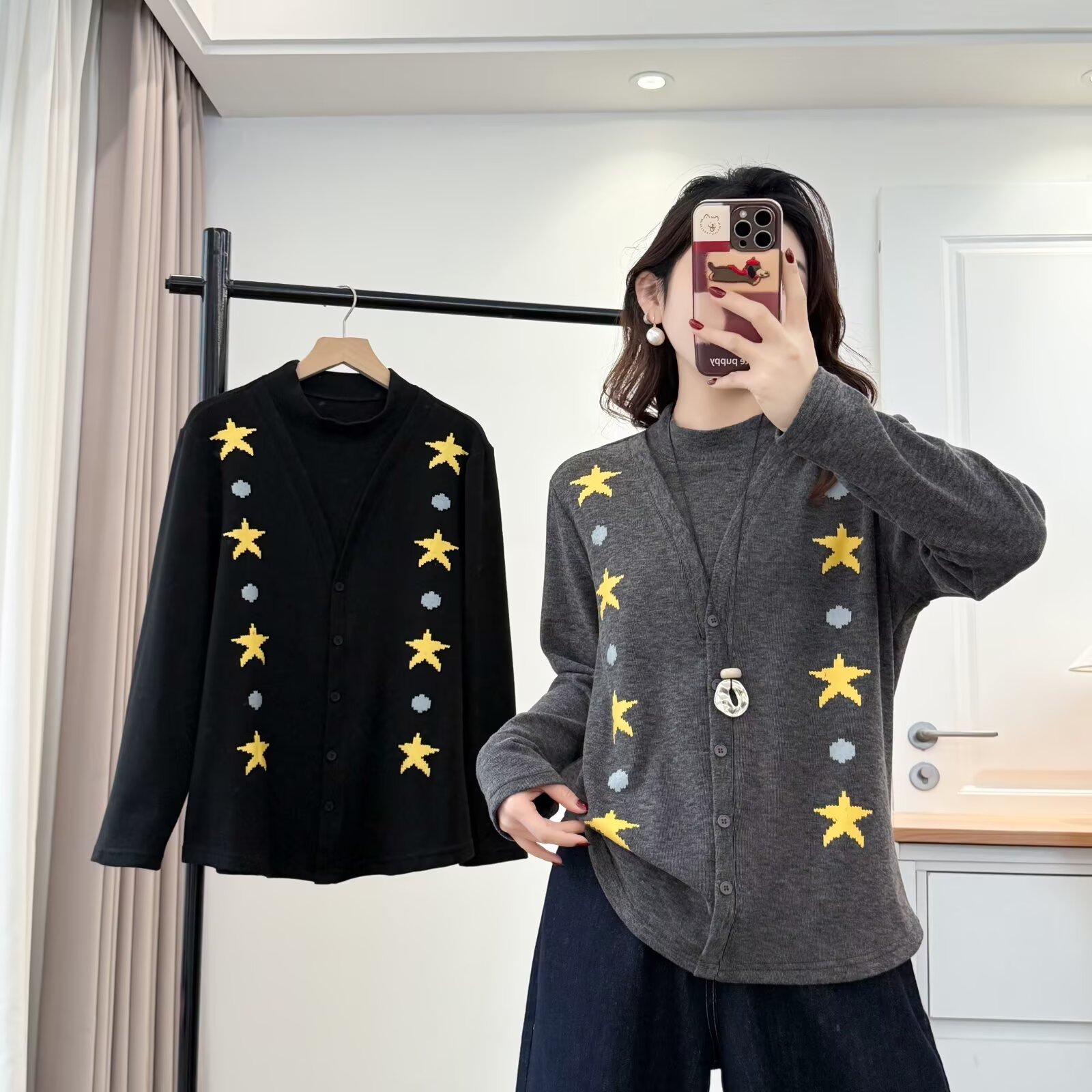 大码女装冬季新款时尚休闲宽松百搭舒适保暖假两件印花打底衫559