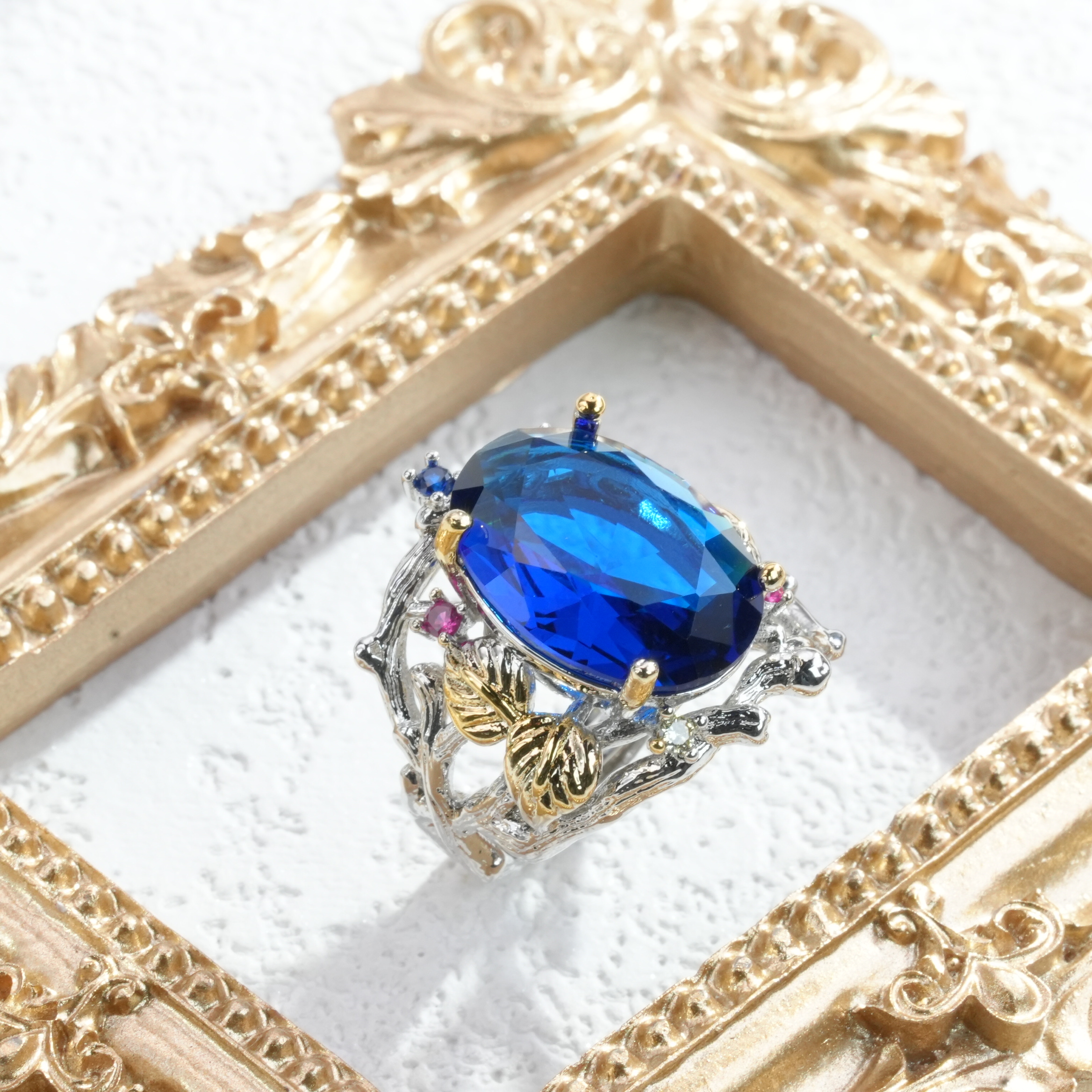 铜合金合成锆石戒指 铜合金小众立方氧化锆时尚蓝色戒指7121-3