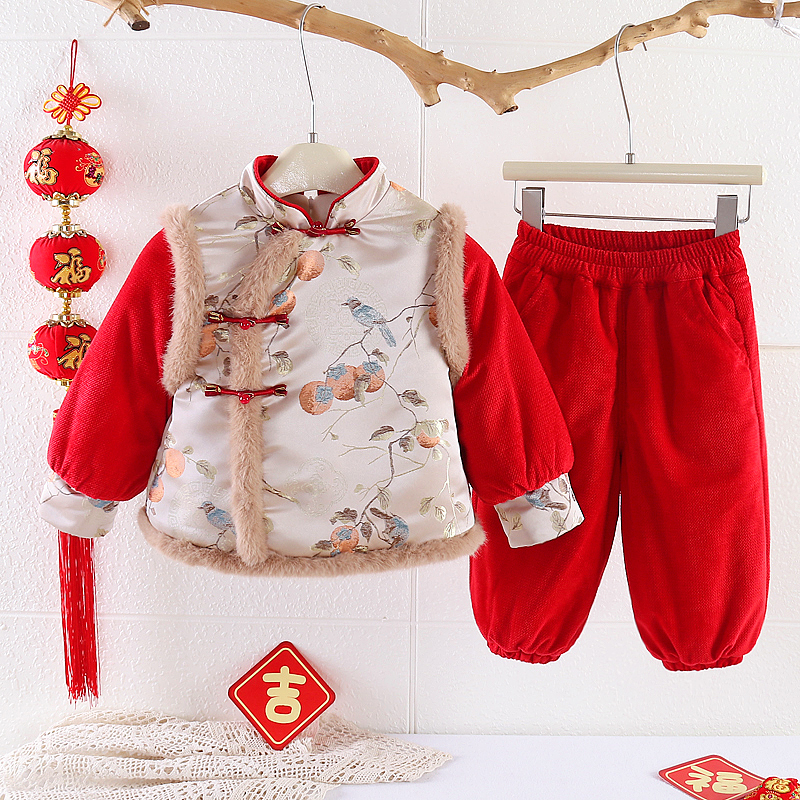 【柿柿如意】男女宝宝套装冬季加厚加绒加棉拜年服喜庆衣服保暖套装