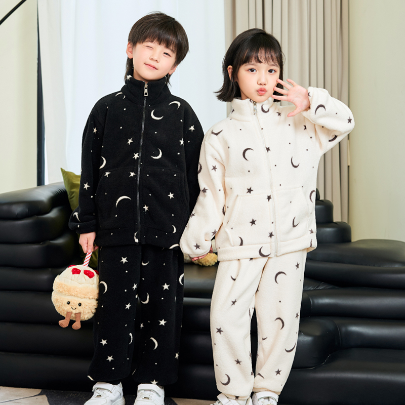 秋冬儿童法兰绒睡衣加绒加厚宝宝中大童珊瑚绒家居服亲子睡衣套装