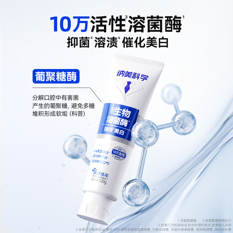 纳美科学生物溶菌酶牙膏120g/支溶渍美白清新口气抗牙渍牙黄抽烟