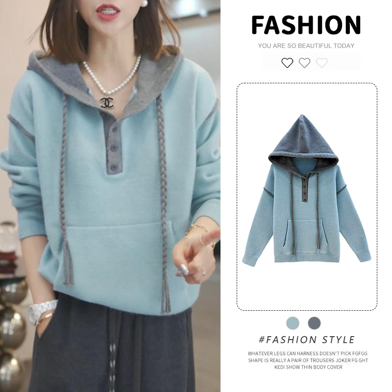 【灰调序曲】2025秋季新款气质连帽针织衫女士宽松时尚爆款长袖毛衣