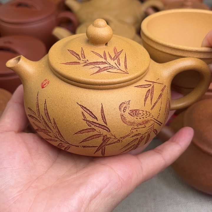 茶壶紫砂原矿黄金段刻绘寒江精工半手220cc