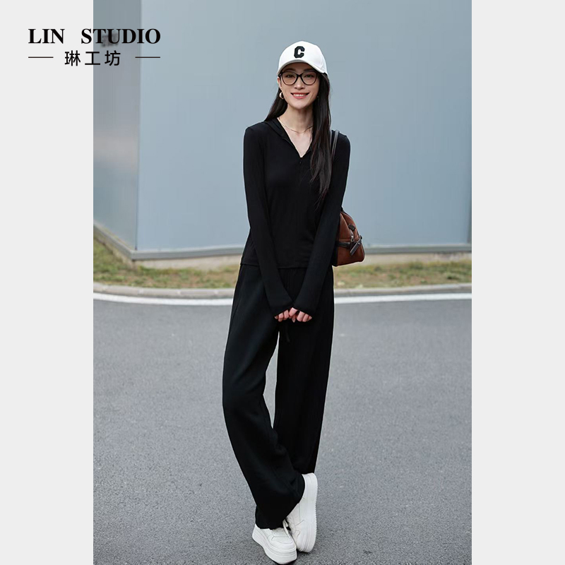 【纯黑】【绵羊毛 裤子】琳工坊“香绣”黑色长裤休闲时尚气质唐琳设计