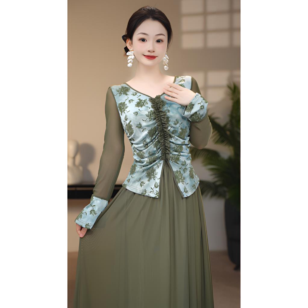 【上衣】春季新款高级洋气显瘦修身印花柔雾纱拼接上衣-F0004