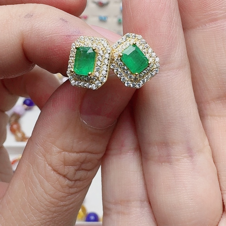 祖母绿耳饰银S925镶嵌