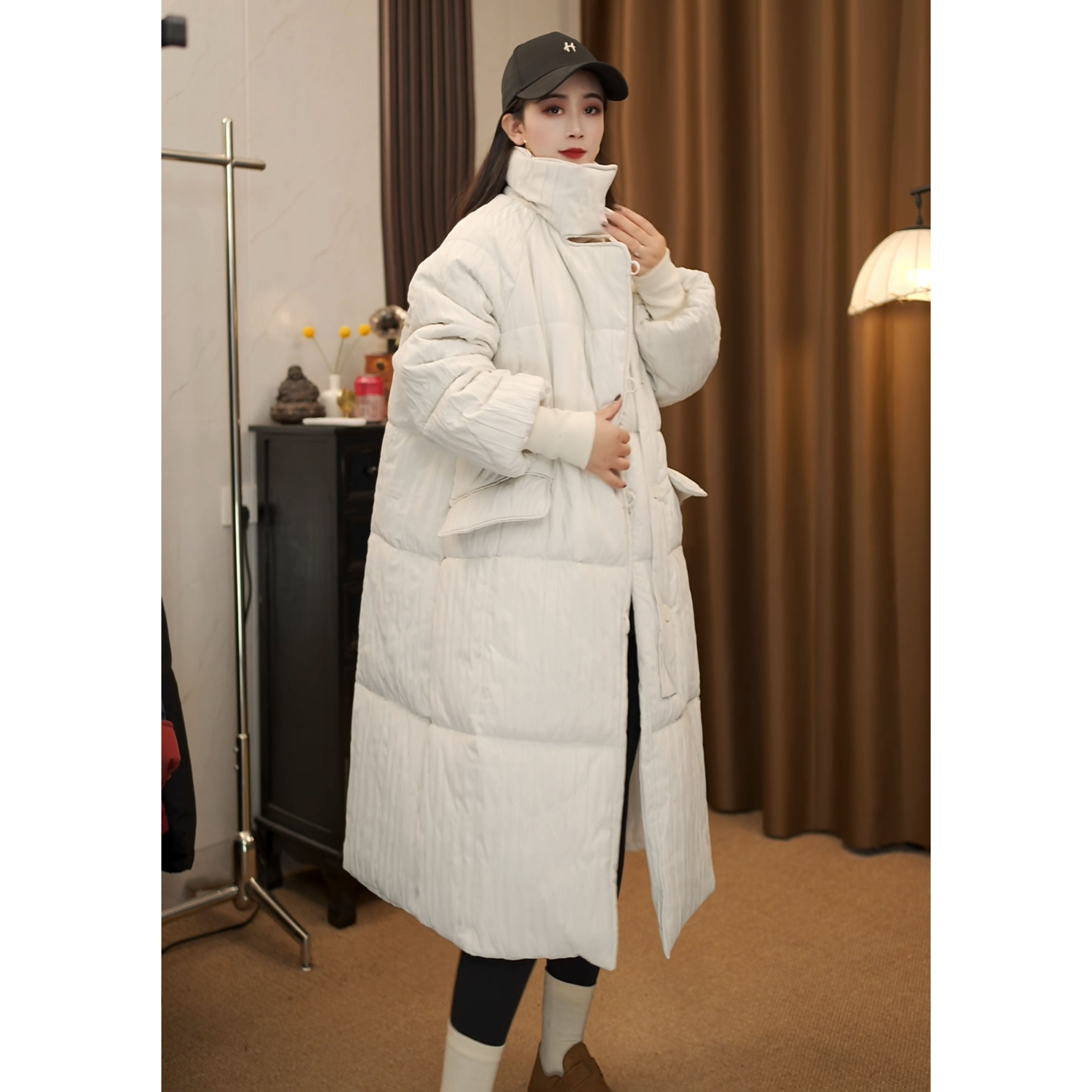 棉袄长袖保暖中长款立领长款棉服女装休闲过膝秋冬棉衣