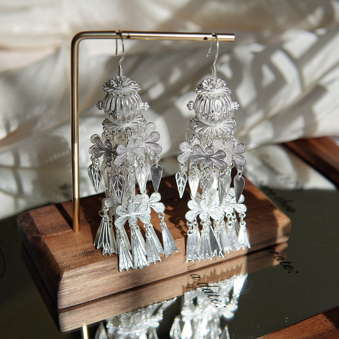 足银耳饰 耳饰 【宫灯】990花丝手工灯笼流苏耳环民族风气质百搭