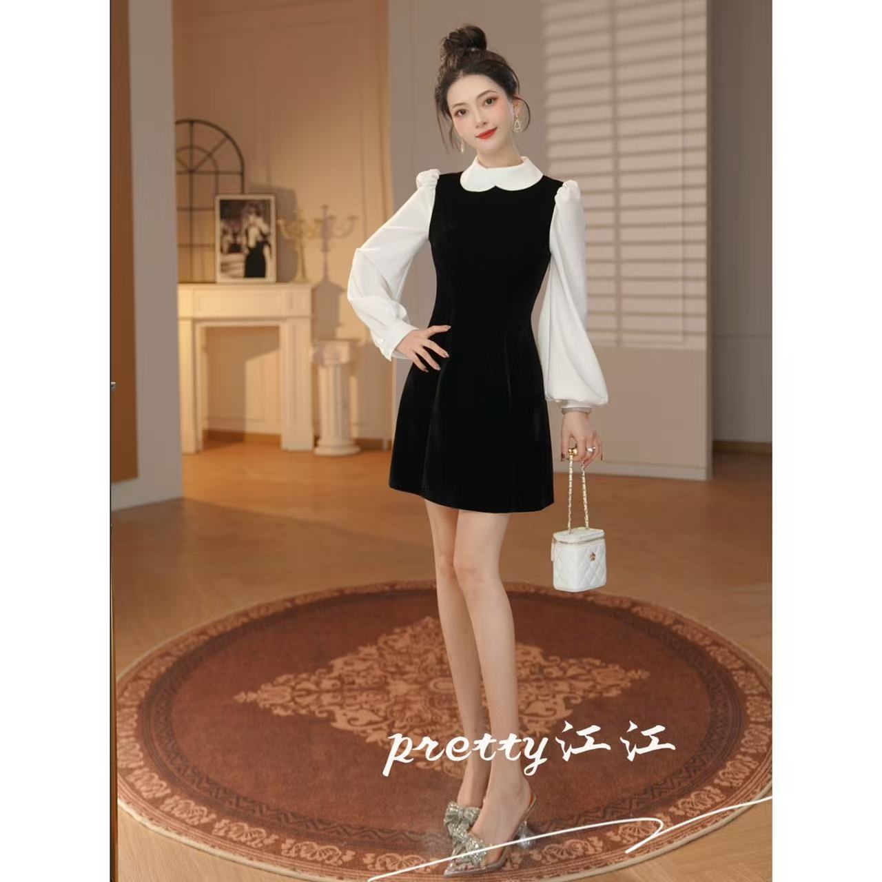 Pretty小众设计师品牌江江定制 气质时尚千金风轻奢连衣裙21973