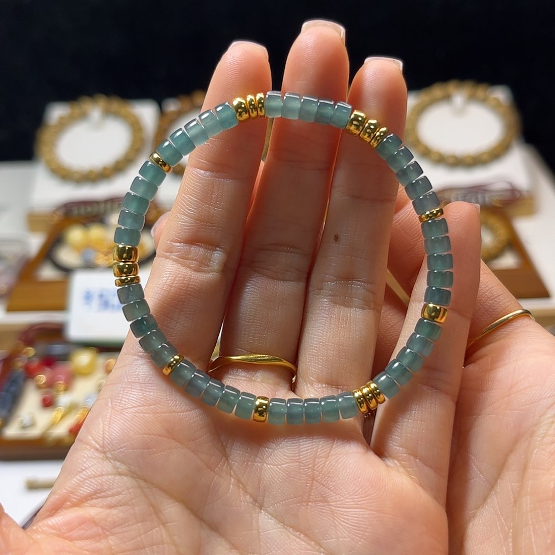 翡翠手链18K金镶嵌药片