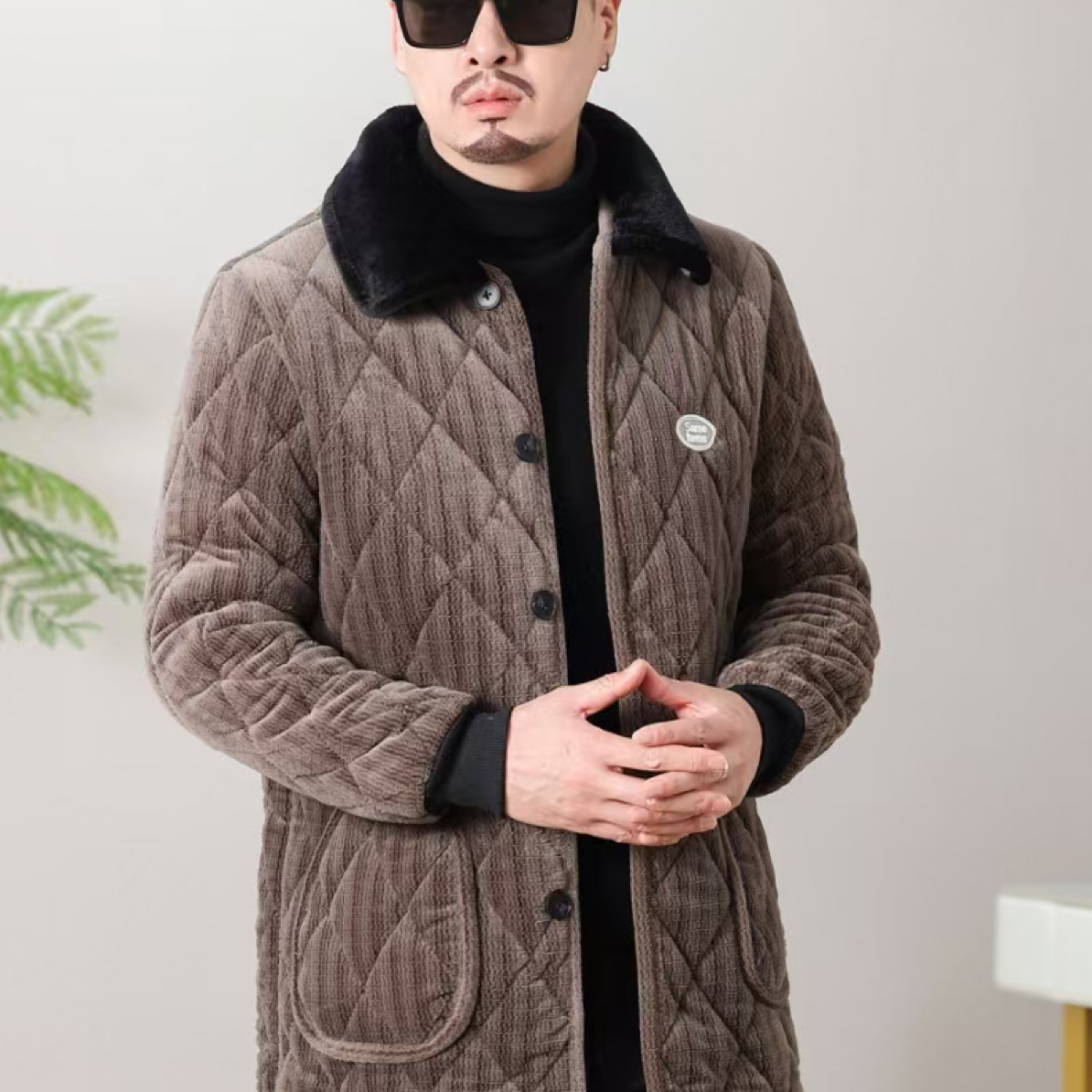 2025新款男士欧雕绒翻领毛领加绒加厚柔软舒适保暖时尚短款家居服