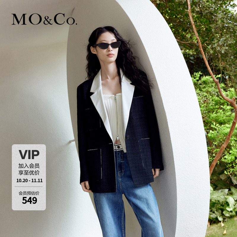 MOCO秋季肌理感撞色平驳领黑色西装外套女休闲热力感MBB3COTT27